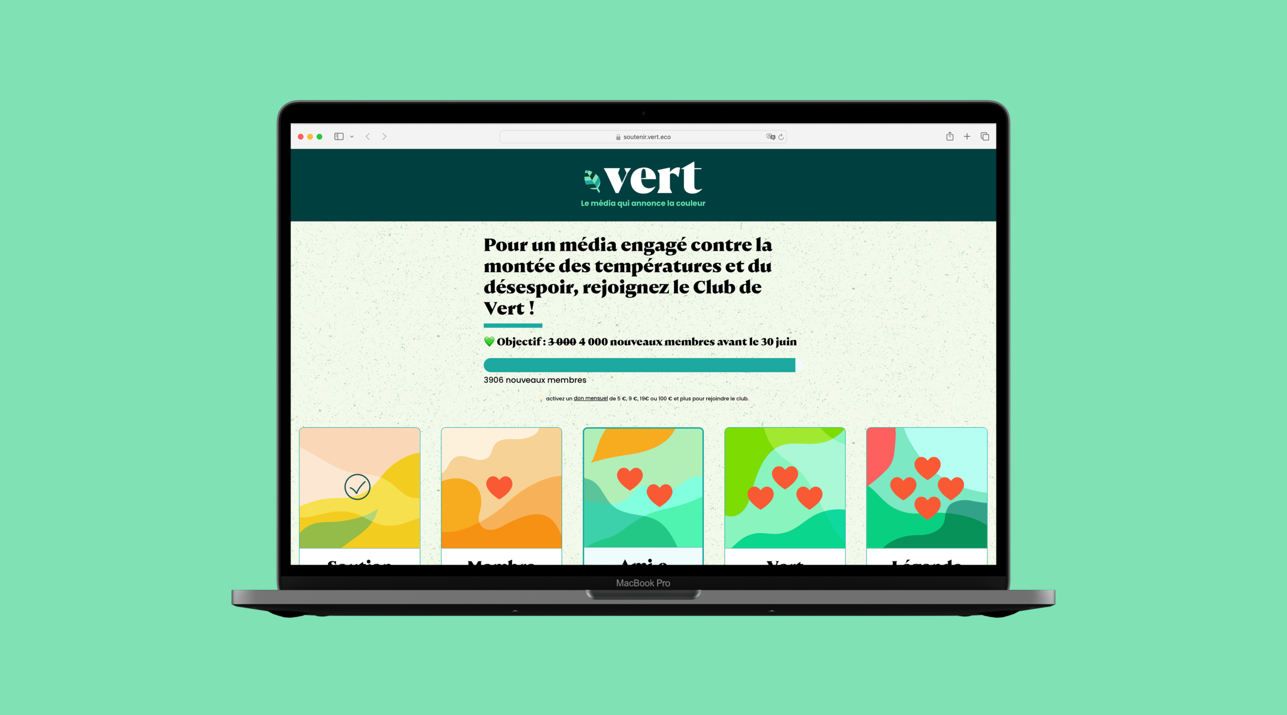 Aperçu sur ordinateur de la page web de la campagne de financement de Vert, conçue et développée par Médianes.