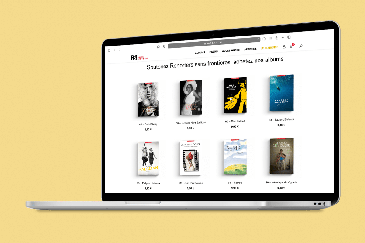 Aperçu sur ordinateur de la page web boutique de RSF, conçue et développée par Médianes.