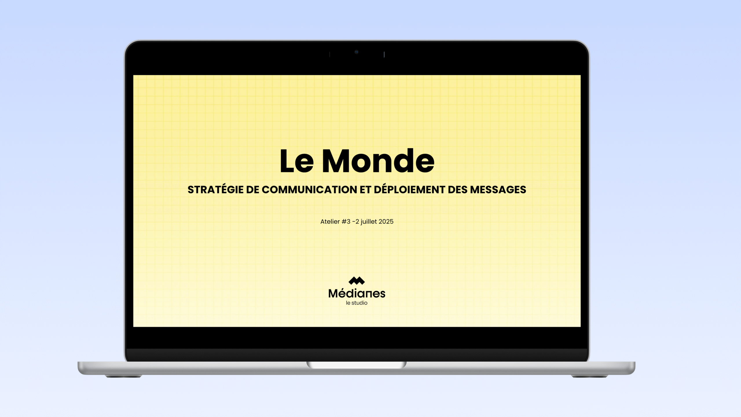 Aperçu sur ordinateur du support de présentation de l’atelier collaboratif, encadré par Médianes, avec les équipes commerciales du Monde.